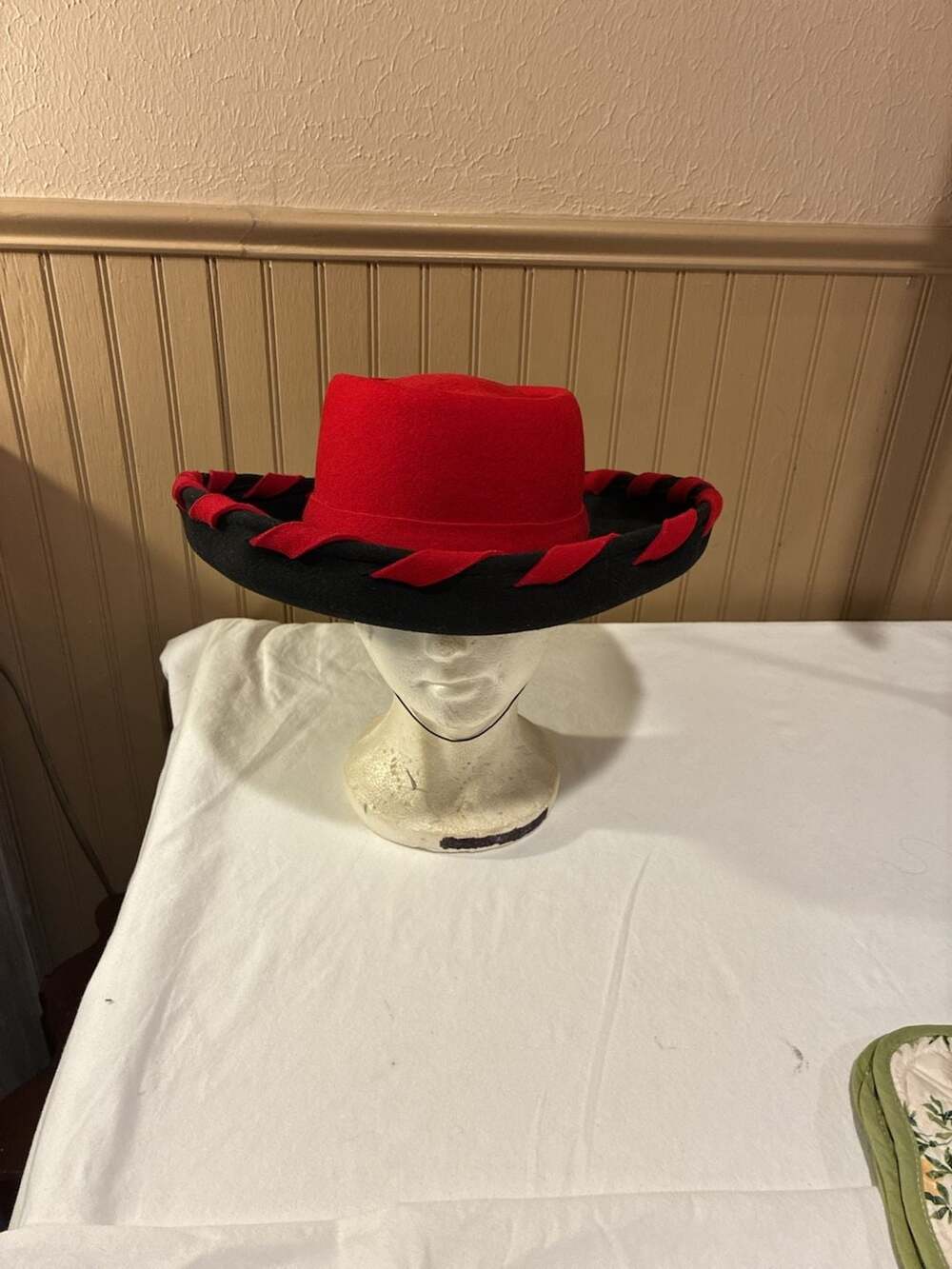 Vintage Whittall & Shon Red & Black Wide Brim Statement Hat Wool Church / Derby
